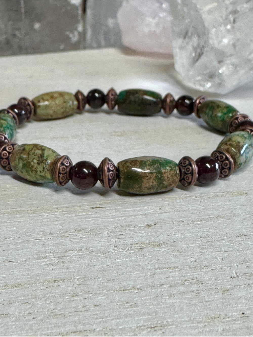 African Turquoise Jasper & Garnet Gemstone Stretch Bracelet - 6.75”
